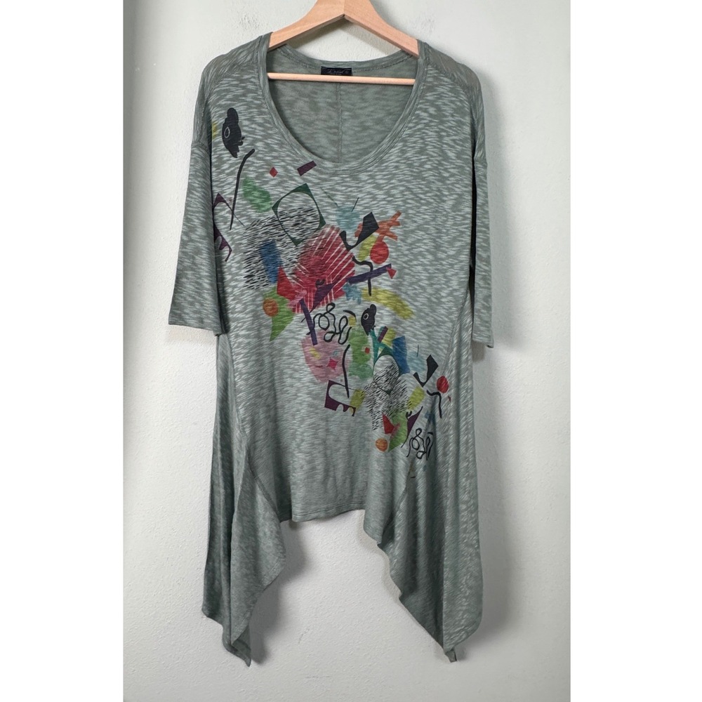 Inoah Wearable Art Green Sharkbite Hem Tunic Top Lagenlook Artsy‎ Size Large